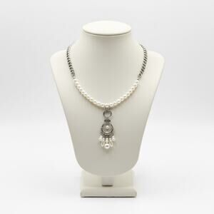 Handmade Vintage Remix Pearl Necklace Silver Tone 18–19” Pendant